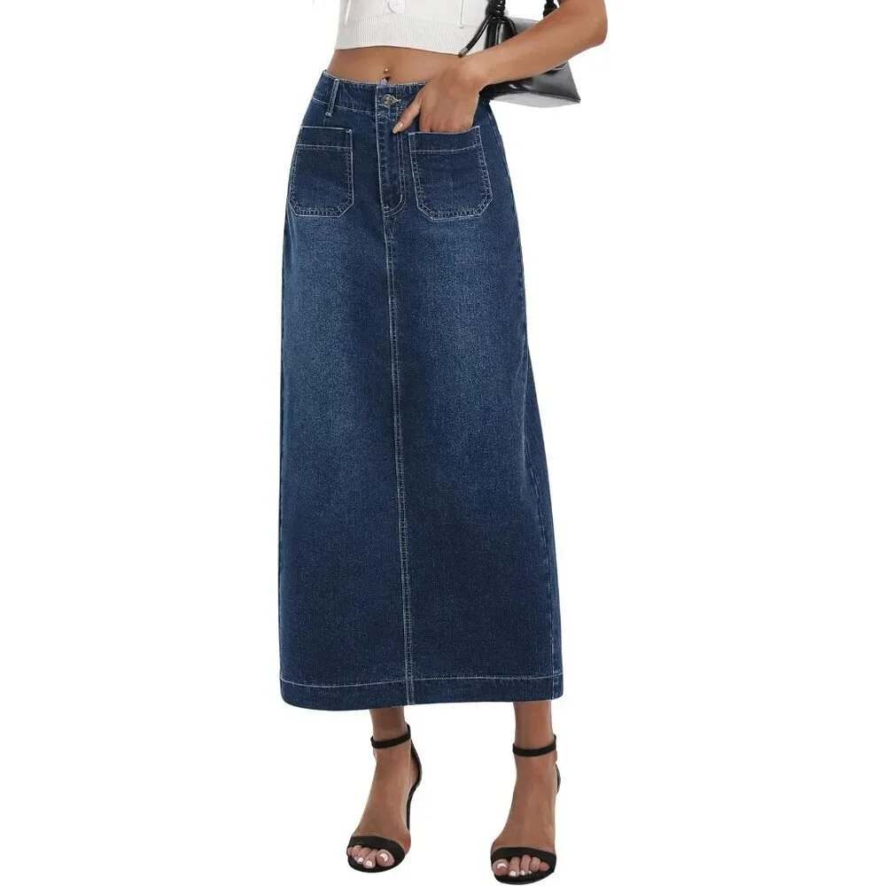 Long Denim Skirt Women Stretch Maxi High Waisted Pockets Back Slit Casual